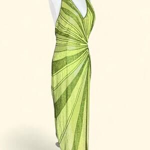 Cache Green Fairy 100% Silk Lining Beaded Halter Gown Dress